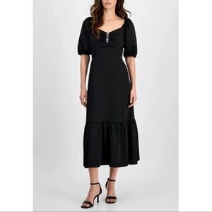 Anne Klein Black Jewel Rhinestones Accents Puff-Sleeve Midi Dress, Size 4